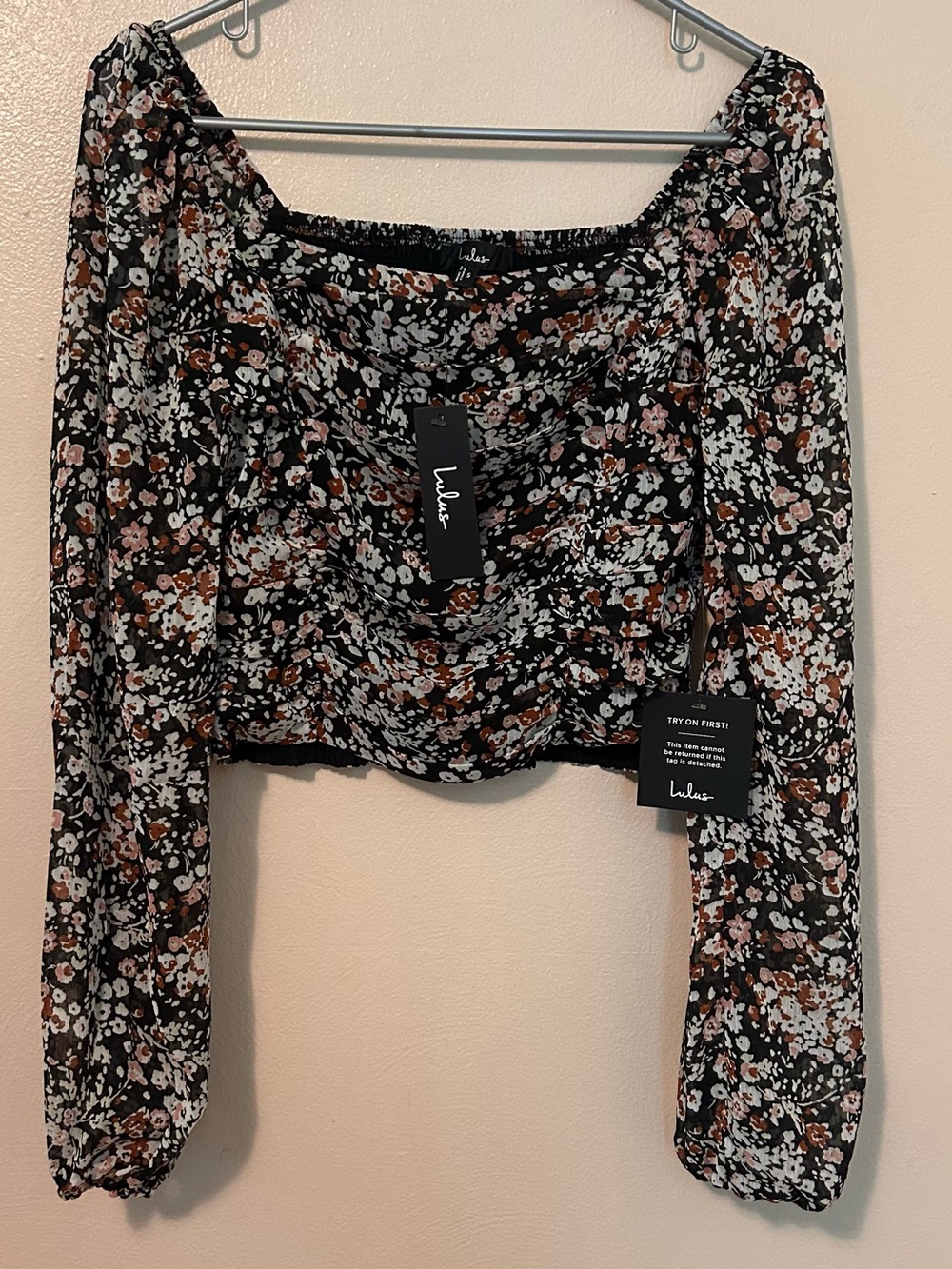 LuLus Mood Setter Black Floral Print Ruched Long Sleeve Top - Picture 2 of 9